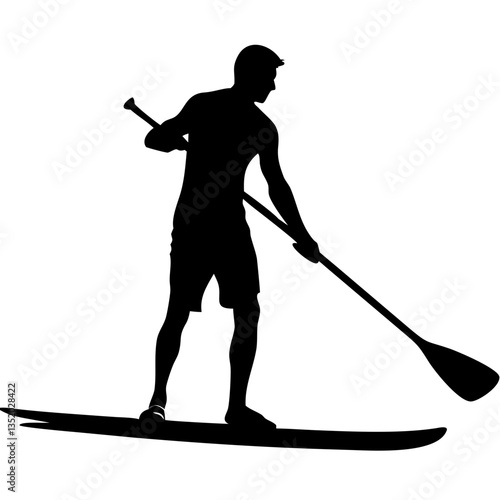 Silhouette of Man Paddleboarding on Calm Waters Outdoor Adventure Vector