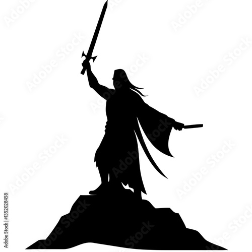 Warrior Silhouette Holding Sword on Rock Ideal for Tattoo and Coloring Book Art
