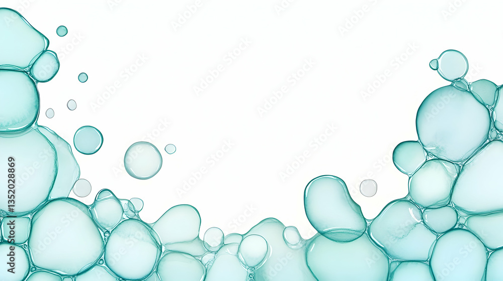 Abstract teal bubbles floating on white background; design element for website, banner, or poster