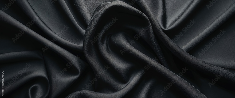 Dark, smooth fabric lies in flowing waves, creating an abstract composition. The minimalist design emphasizes texture and depth while maintaining a sense of simplicity and elegance Dark, smooth fabric lies in flowing waves, creating an abstract composition. The minimalist design emphasizes texture and depth while maintaining a sense of simplicity and elegance