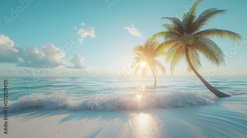 summer beach with bend lonely coconut tree, blue sky and white transparent sea.