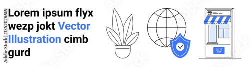 Potted plant, globe, shield with checkmark, and online shop with striped awning. Ideal for sustainability, global reach, cyber security, e-commerce, protection online business flat landing page