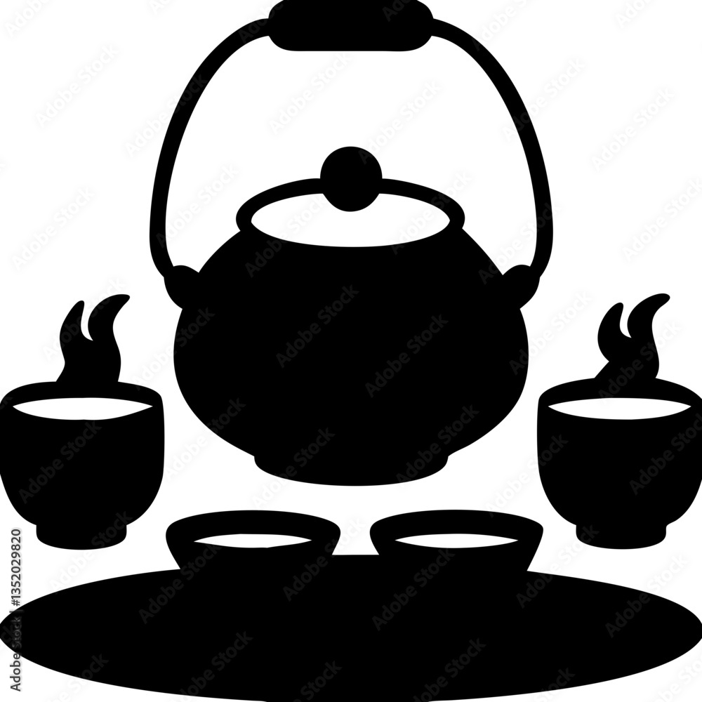 Elegant Teapot with Steaming Cups Silhouette for Tea Ceremony Vector Art Elegant Teapot with Steaming Cups Silhouette for Tea Ceremony Vector Art