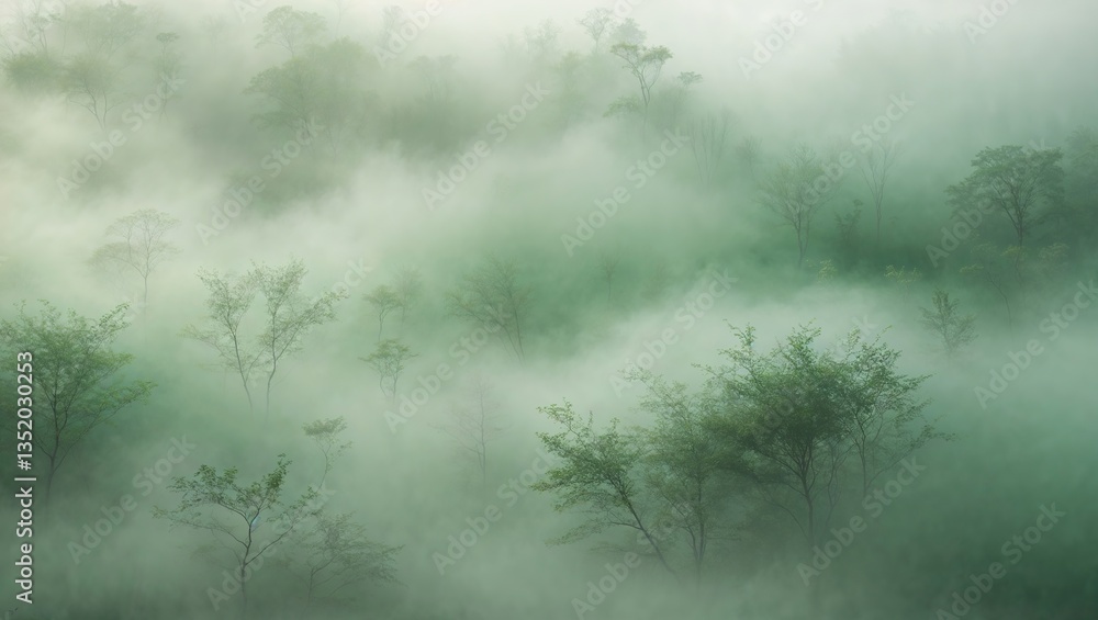 Obraz premium Morning fog envelops a lush green landscape, with silhouettes of trees emerging softly from the mist, creating a calm and serene environment. The scene invites reflection and peace