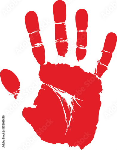 Red Handprint Grunge Vector Illustration, Distressed Red Handprint Symbol