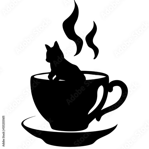 Silhouette of Cat in Steaming Coffee Cup Vector Art for Decoration and Design