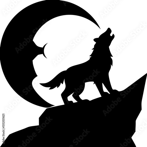 Howling Wolf Silhouette Against Crescent Moon for Tattoo Design and Nature Illustrations