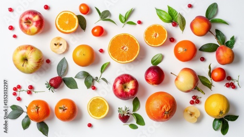 Minimalist composition of a variety of fresh fruits such as apples, oranges, and berries arranged on a clean white background, symbolizing healthy eating.