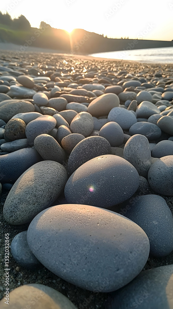Obraz premium Smooth beach stones at sunset, coastal background, tranquil scene, perfect for travel brochures