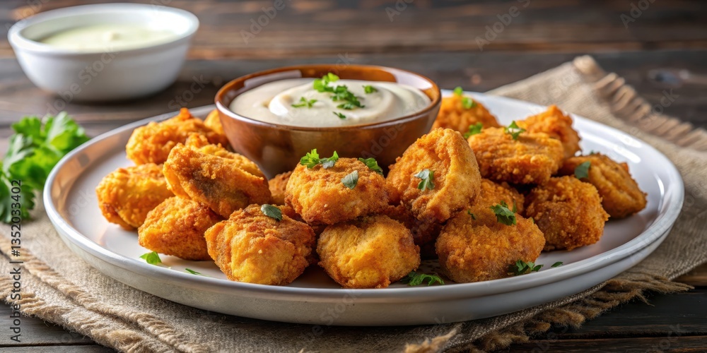 Crispy fried chicken nuggets served on a plate with creamy garlic sauce drizzled on top , sauce, restaurant, sauce, restaurant, food Crispy fried chicken nuggets served on a plate with creamy garlic sauce drizzled on top , sauce, restaurant, sauce, restaurant, food