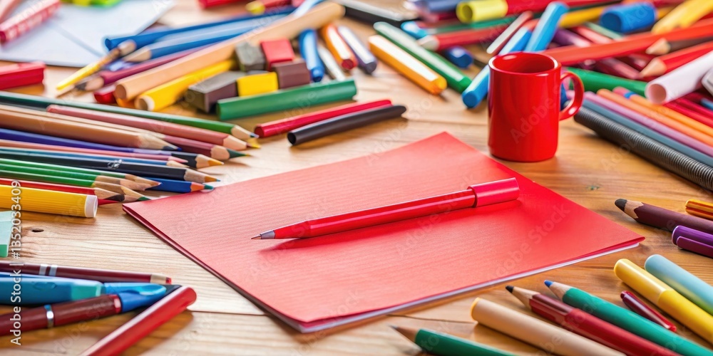 A vibrant red marker lies on a cluttered desk with scattered papers and pencils , stationery, stationary goods A vibrant red marker lies on a cluttered desk with scattered papers and pencils , stationery, stationary goods