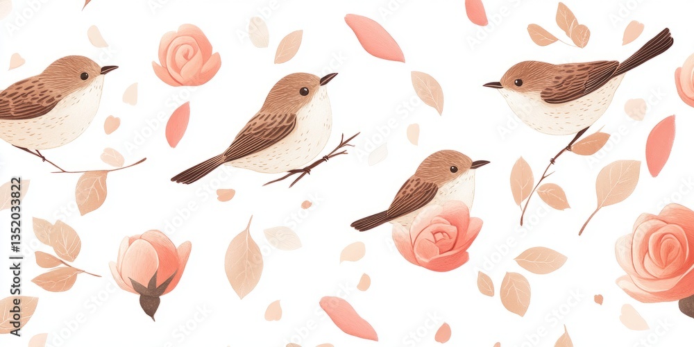 Fototapeta premium Whimsical flat 8 wrens with rosebuds