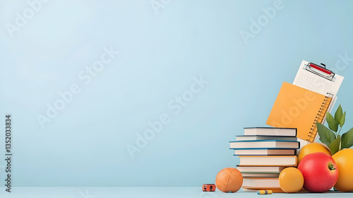 Back to school books, stationery, and fruit on a light blue background; educational concept