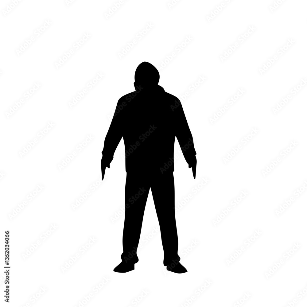 Obraz premium Silhouette of Mysterious Hooded Figure in Shadowy Stance for Graphic Design