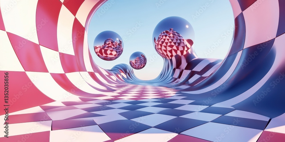 Fototapeta premium A checkered surreal landscape with spheres and an undulating path