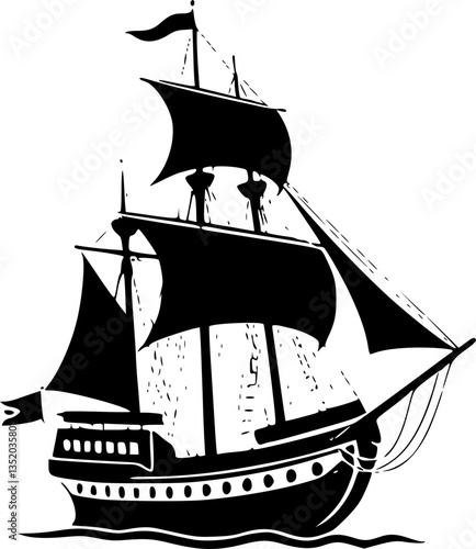 Detailed monochrome black and white galleon sailing ship with 36 masts historical nautical illustration