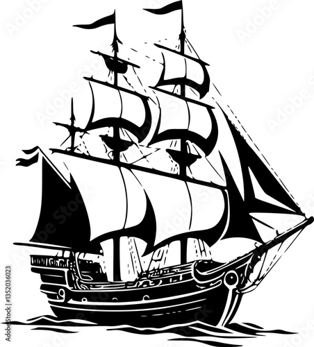 Galleon sailing ship with masts 368 illustration monochrome black and white nautical vintage historical maritime vessel sailboat ocean sea travel adventure piracy pirate ship tall ship masts sails rig