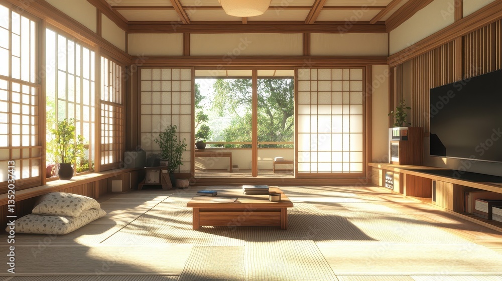 Fototapeta premium A warm sunny Japanese style living room with nature view