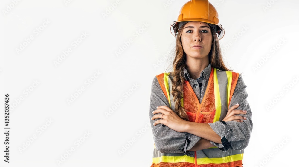 Female construction engineer with crossed arms, wearing a reflective vest and hard hat, standing on a white background with room for messaging Female construction engineer with crossed arms, wearing a reflective vest and hard hat, standing on a white background with room for messaging