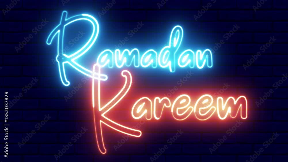 Ramadan Kareem text font with light. Luminous and shimmering haze inside the letters of the text Ramadan Kareem. Ramadan Kareem neon sign.