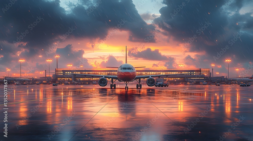 Fototapeta premium Digital airport background featuring terminal gates and airplanes parked at jet bridges illustration