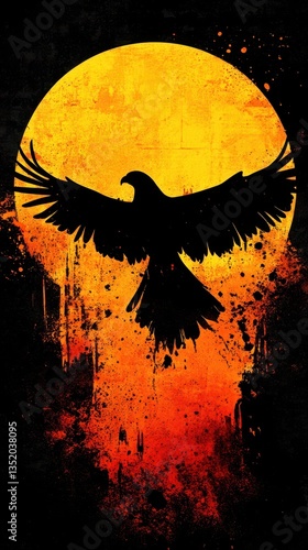 A silhouette of a bird in front of a radiant yellow circle