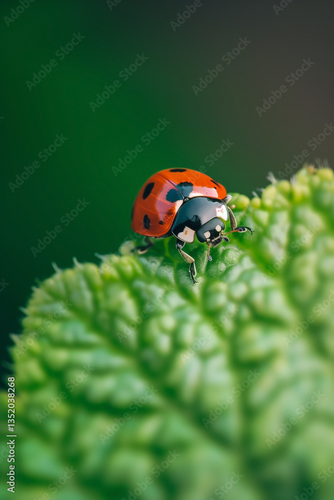 A close-up shot of a ladybug perched on a textured green leaf against a blurred green background. The ladybug's bright red shell contrasts with the leaf's fresh color. A close-up shot of a ladybug perched on a textured green leaf against a blurred green background. The ladybug's bright red shell contrasts with the leaf's fresh color.