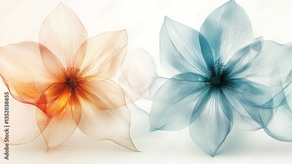 Fototapeta premium Two translucent flowers in orange and blue hues