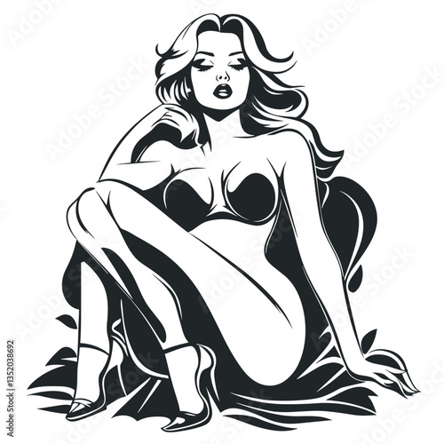 Woman is sitting on a chair with her legs crossed. She is wearing a black bra and a black bikini top