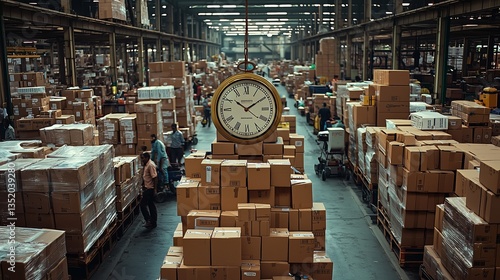 A clock hangs in the center of an Indian factory hall, surrounded by boxes and workers. 8