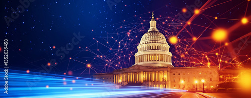 Futuristic digital technology background featuring prominent government building illuminated night, surrounded by vibrant lights and abstract connections, evoking sense of innovation and progress
