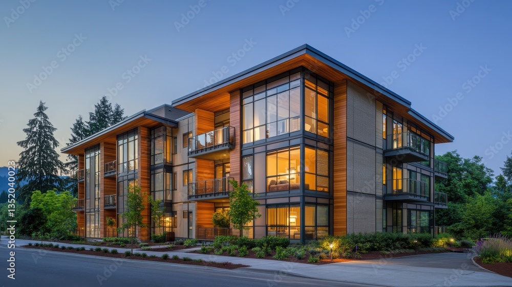 Modern apartment building with mixed-material facade featuring wood, glass, and geometric design Modern apartment building with mixed-material facade featuring wood, glass, and geometric design