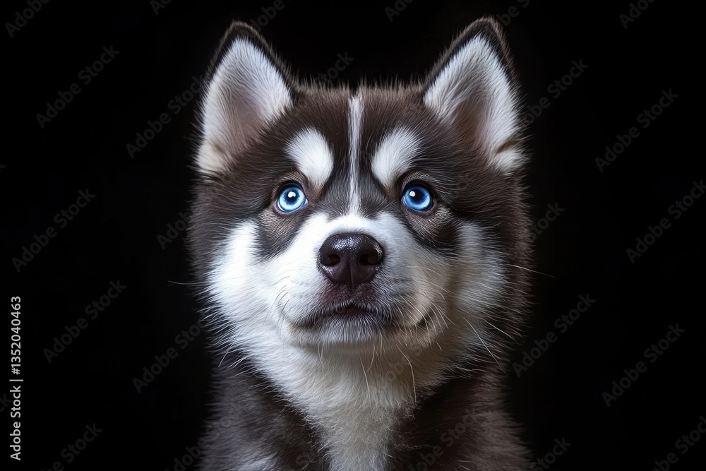 hyper-realistic husky puppy portrait with blue eyes in studio lighting on dark background hyper-realistic husky puppy portrait with blue eyes in studio lighting on dark background