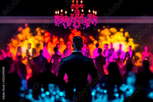 Man at Lavish Party for Colorful Lights.