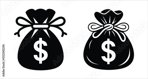 Money bag icon with dollar symbol black silhouette vector design. Black silhouette money bag with dollar sign vector. Banking and finance money bag silhouette with dollar sign vector