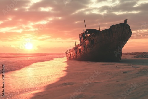 A weathered shipwreck stranded on a sandy beach at sunset