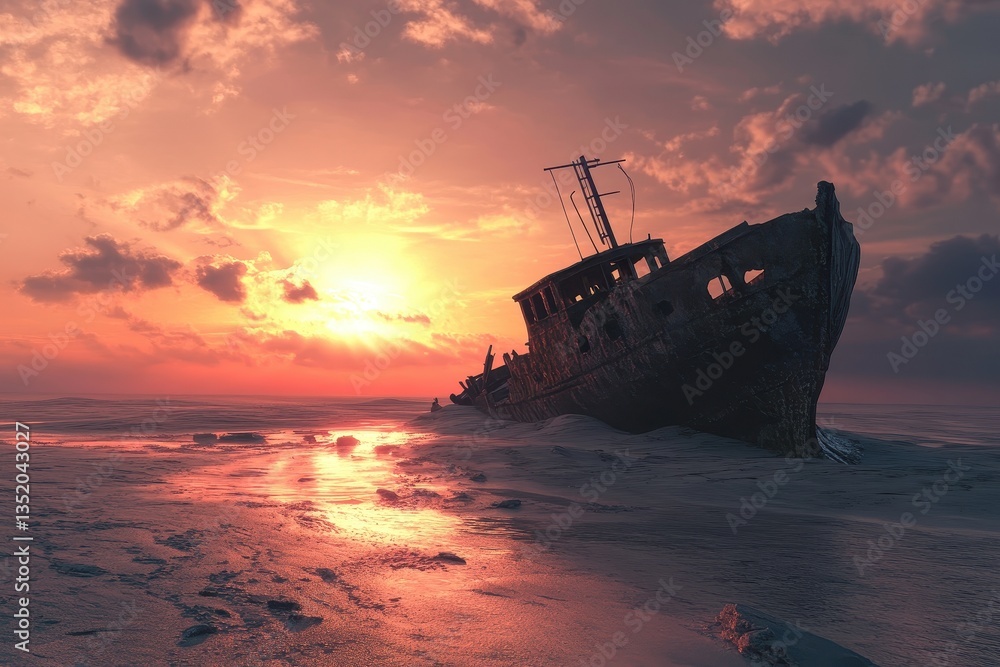 A Sunlit Beach Showing a Stranded Shipwreck and Coastal Scenery