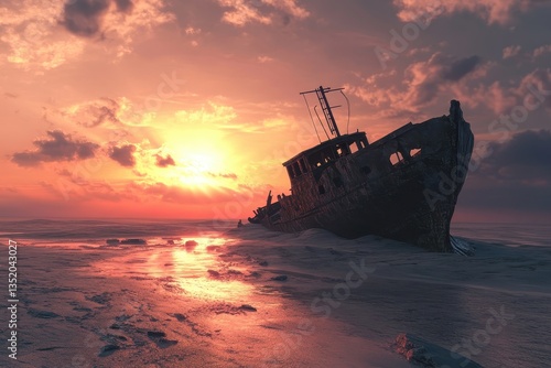 Obraz na płótnie A Sunlit Beach Showing a Stranded Shipwreck and Coastal Scenery w salonie