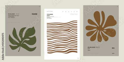 Set of modern posters with abstract leaf forms and clean typography. Perfect for minimalist art covers, graphic exhibitions, and stylish interior decoration.