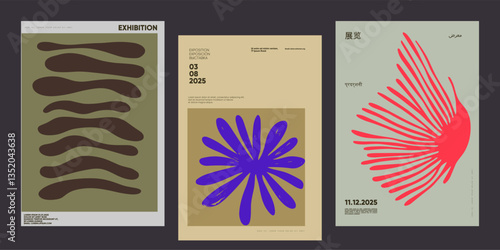 Aesthetic set of modern minimalist posters with abstract leaf compositions and vibrant colors. Ideal for art exhibitions, cover designs, and decorative typography visuals.