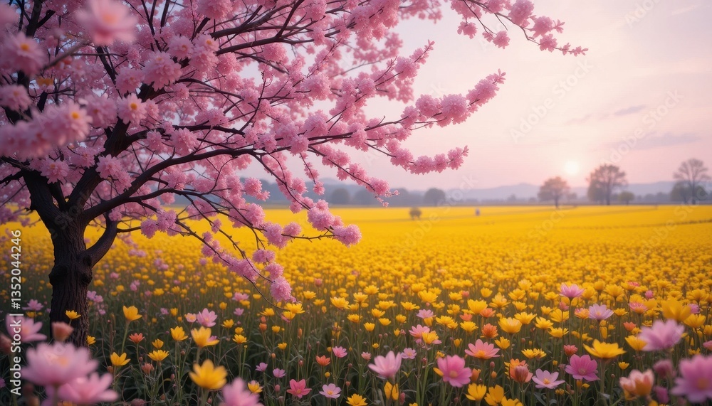 Blooming cherry blossoms in sunny field nature photography serene landscape spring view Blooming cherry blossoms in sunny field nature photography serene landscape spring view