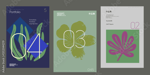 Minimalist poster collection blending bold leaf shapes with modern typography and flat design. Great for stylish decor, contemporary covers, and art exhibitions.