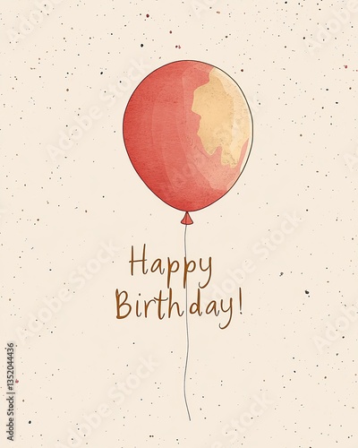 Minimalist birthday postcard with golden Happy Birthday inscription and balloon