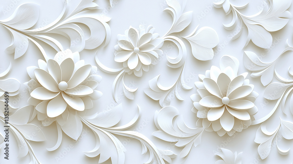 Elegant white floral design with intricate embossed details, showcasing harmonious blend of flowers and leaves. This artwork evokes sense of tranquility and sophistication Elegant white floral design with intricate embossed details, showcasing harmonious blend of flowers and leaves. This artwork evokes sense of tranquility and sophistication