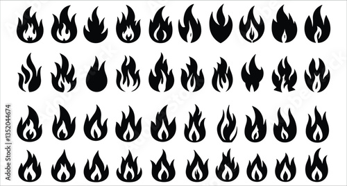 Set of black fire silhouettes flames vector design. Collection of fire symbol vector elements. Fire flames silhouettes icons collection. Fire flames icon silhouettes vector elements