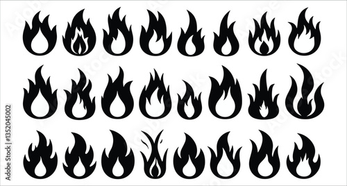 Set of black fire silhouettes flames vector design. Collection of fire symbol vector elements. Fire flames silhouettes icons collection. Fire flames icon silhouettes vector elements