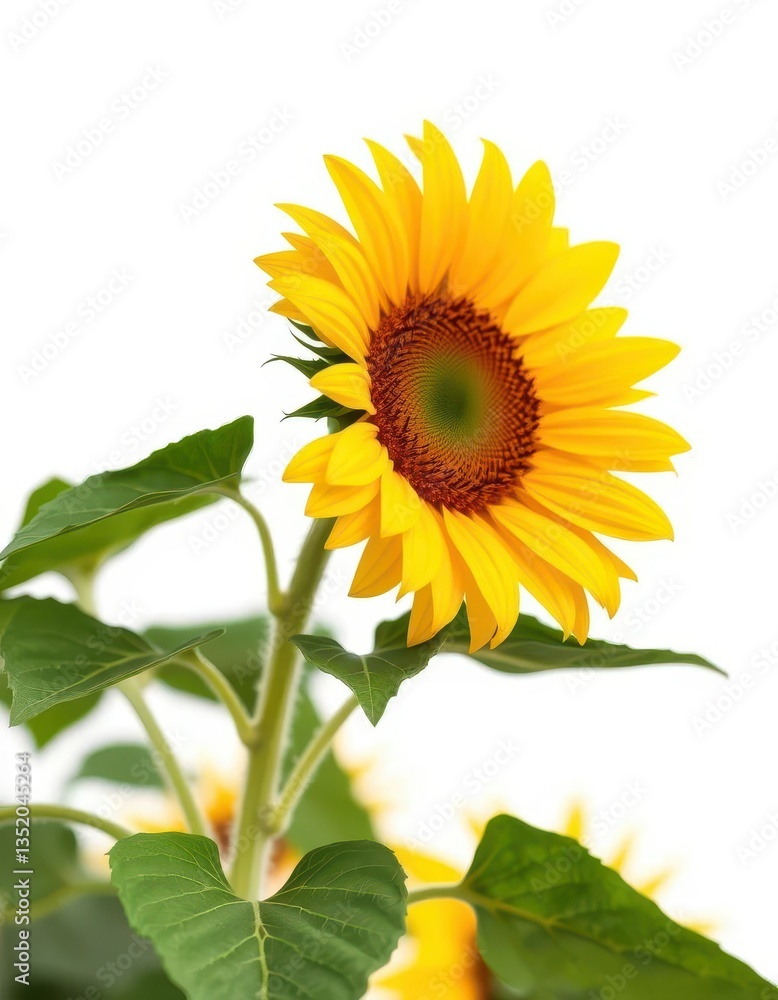 Fototapeta premium A single sunflower blooms vibrantly against a stark white background, summer, summer flower