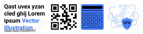 QR code, calculator, globe with VPN shield emblem. Ideal for technology, security, networking, finance encryption web services simple landing page. Line metaphor. Simple line icons