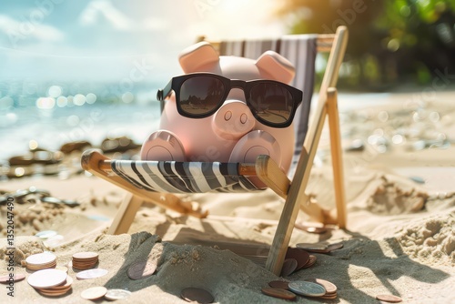 Piggy Bank Relaxing on Beach Chair in Sunglasses