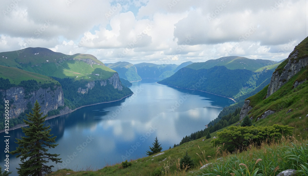 Majestic Norwegian fjord landscape reflecting clouds and greenery Majestic Norwegian fjord landscape reflecting clouds and greenery